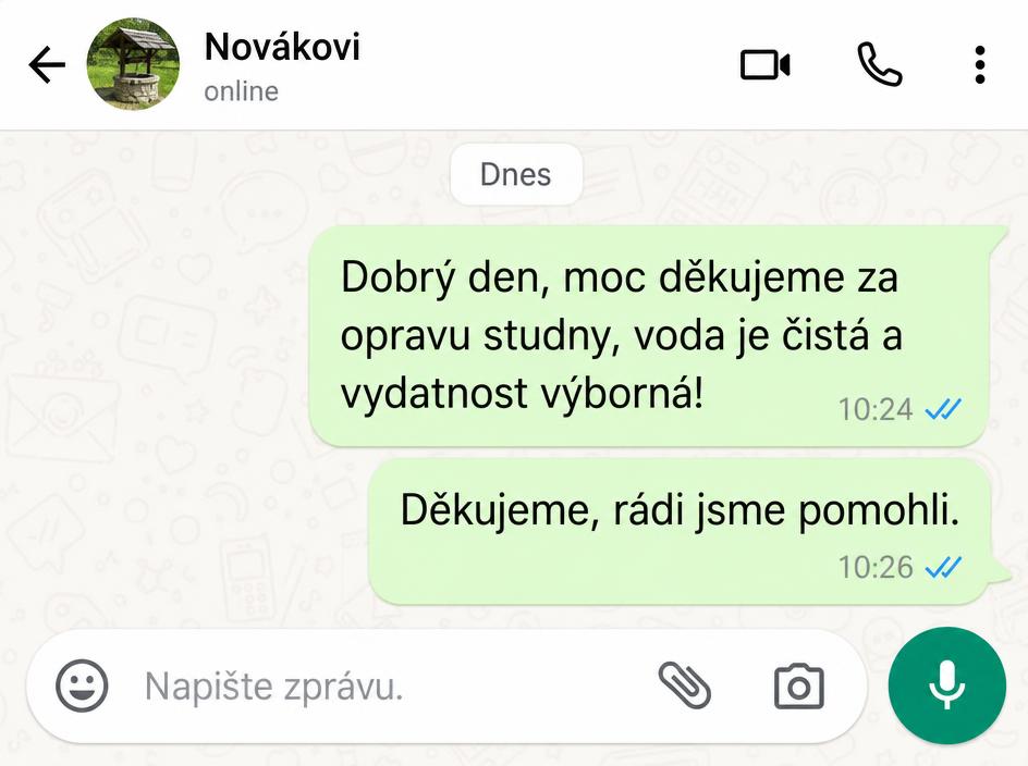 WhatsApp zpráva od zákazníka — oprava studny