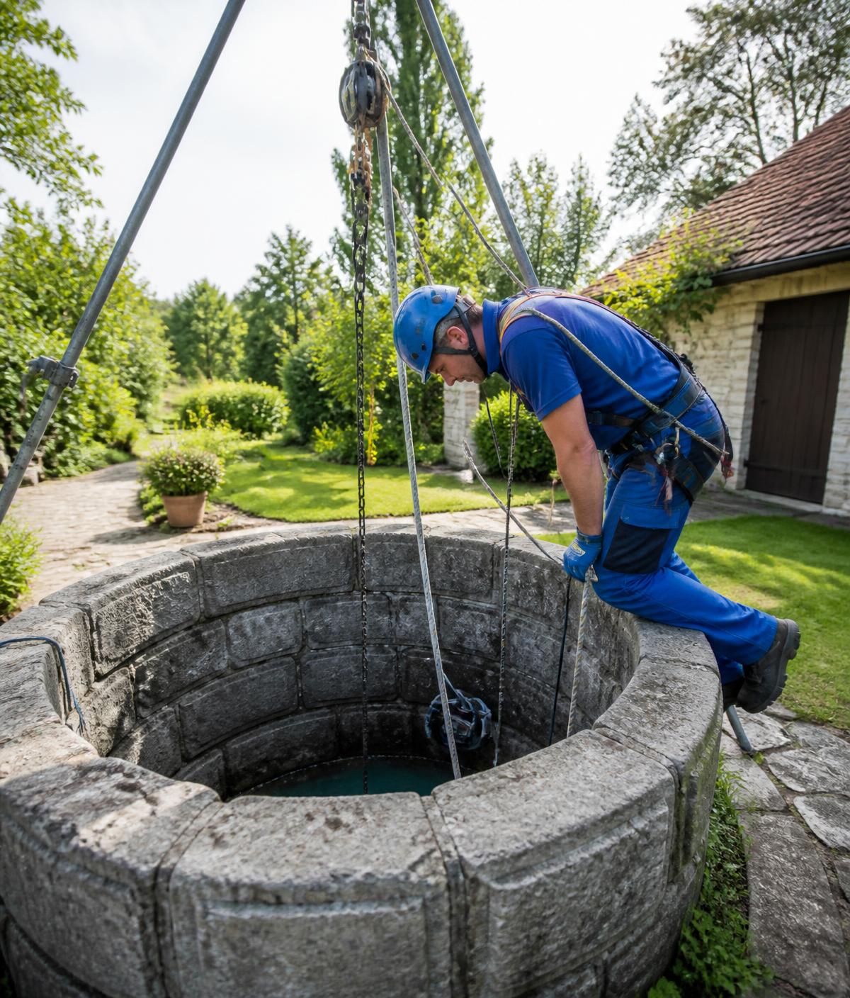 Odborník pracující na kopané studně s kamennou skruží